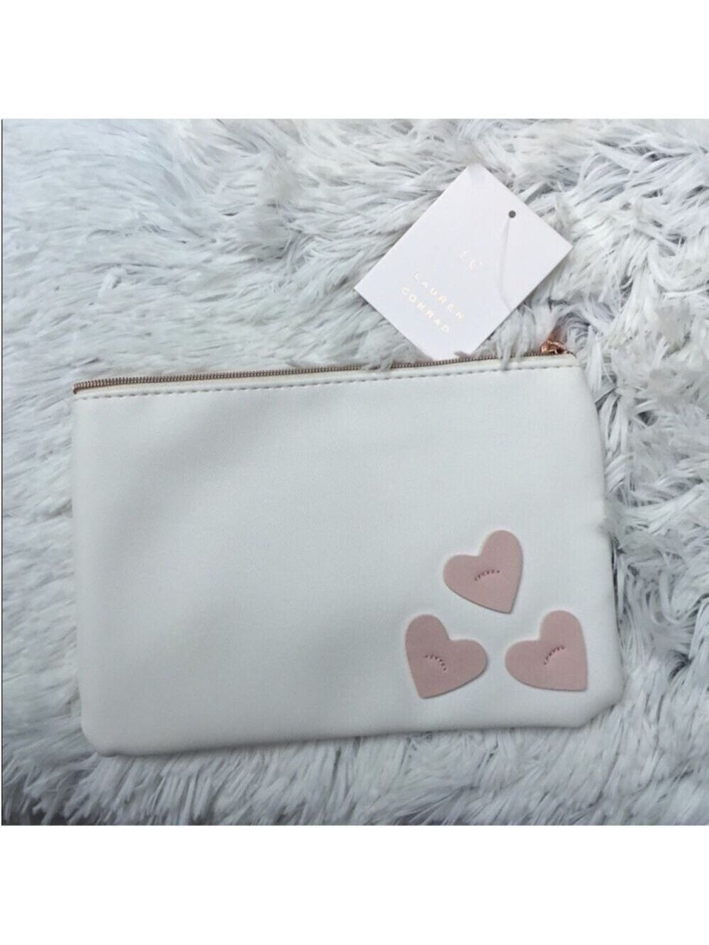LC Lauren Conrad heart embellished cosmetic bag cream with pink hearts